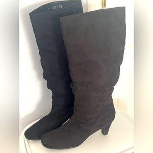 Black suede boots with slightly round front